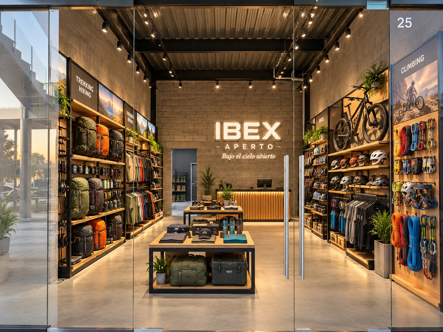 Render de la futura tienda IBEX Aperto, con estanterías de madera, equipo de montaña, bicicletas y un mostrador iluminado